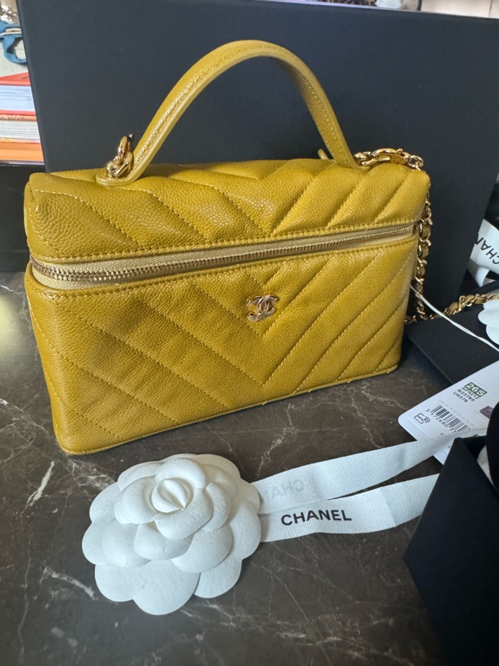 CHANEL Mustard Quilted Vanity Shoulder Bag with Gold Hardware